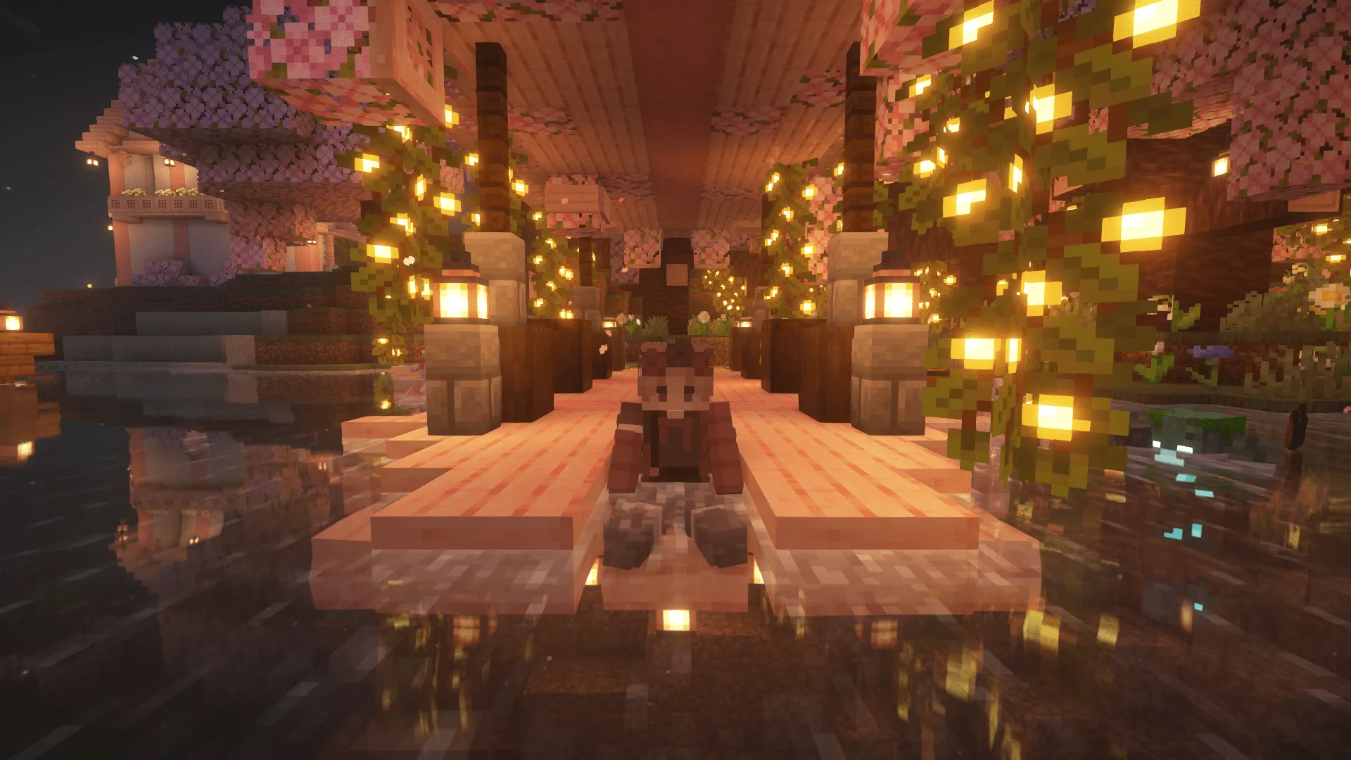 Screenshot of newt in Minecraft sitting in a river, surrounded by glow berries